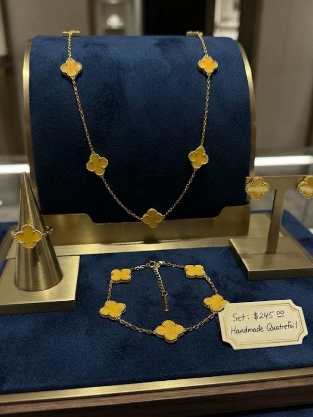 New Handmade Yellow Quatrefoil Necklace & Bracelet Set earring and ring include